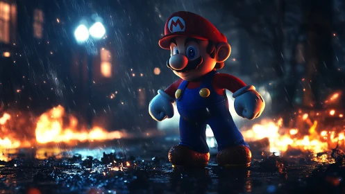 Cartoon plumber stands in rainy street with fires behind.