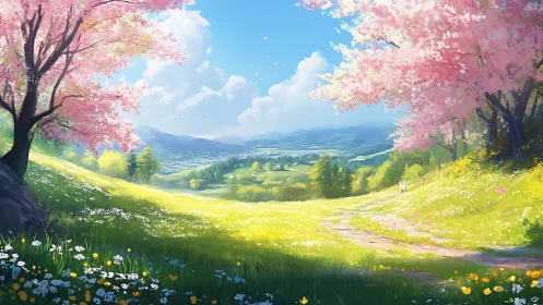 Sunlit spring valley stroll beneath soft cherry blossoms.