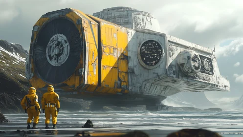 Tide-locked lander hovers above icy shore in yellow hush.