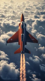Red jet climbs through golden cloud deck at full thrust.
