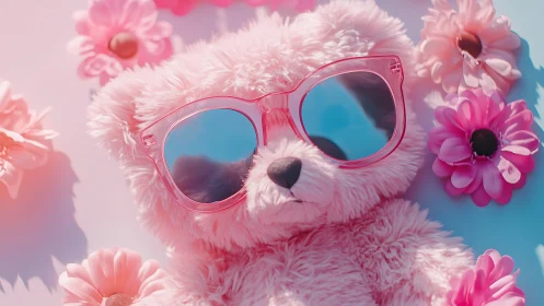 Fluffy pink teddy bear with sunny shades and spring flowers.