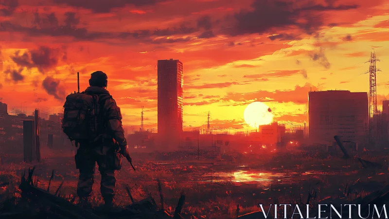 Armored wanderer surveys post‑apocalyptic skyline at irradiated dusk