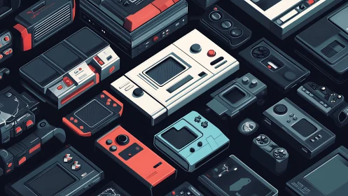 Isometric grid of retro handheld and console game hardware