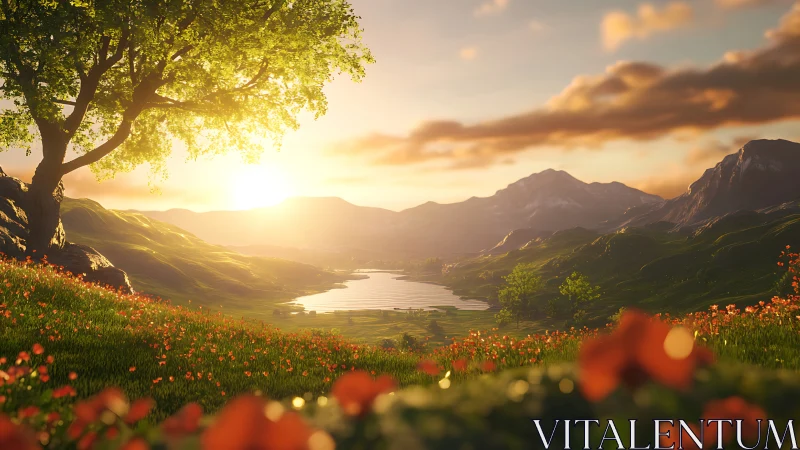 Sunlit valley lake framed by wildflower meadow at dawn.