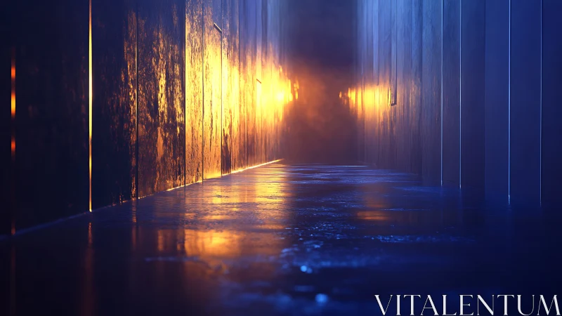 Moody corridor with glowing orange light and blue walls.