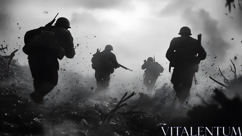 Backlit infantry silhouettes advance through debris-filled battlefield