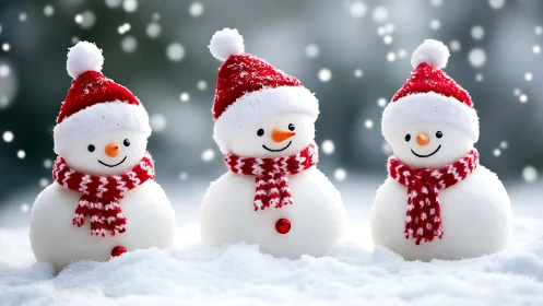 Cheerful snowman trio sharing cozy scarves and smiles.