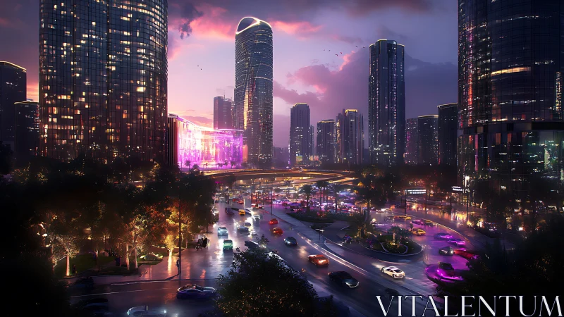 Futuristic neon cityscape with wet streets at dusk.