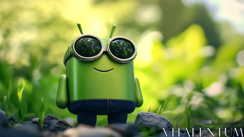 3D stylized robot mascot in sunlit macro forest clearing.