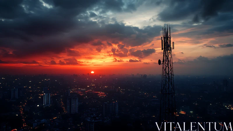Signal tower crowned by molten city sunset blaze.