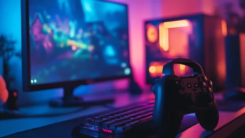 Cozy neon gaming desk glowing with controller and PC.