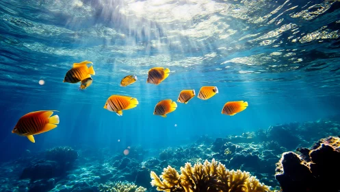 Sunlit butterflyfish ballet drifting above coral gardens.