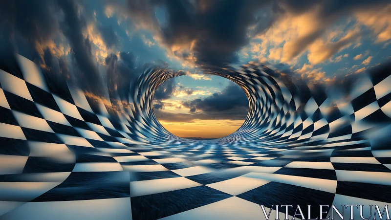 Warped checkerboard horizon curls into a lucid sky portal.