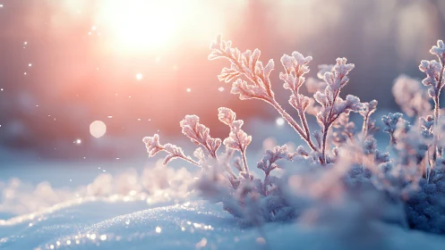 Frosted winter plants in soft sunrise backlight glow.