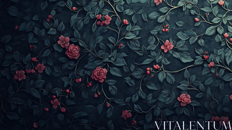 Botanical Composition Rendered with Digital Layering: Crimson Florals Against Tonal Dark Foliage