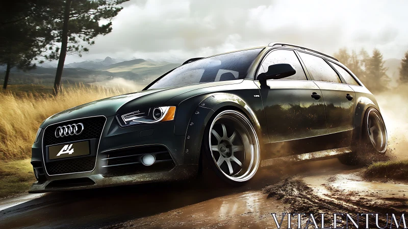 Tuned Audi wagon powers through muddy backroad at sunset