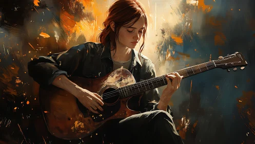 Digital painting of pensive guitarist in warm light.