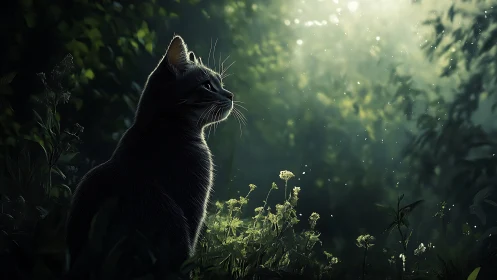 Black cat among forest flowers glowing in misty light.