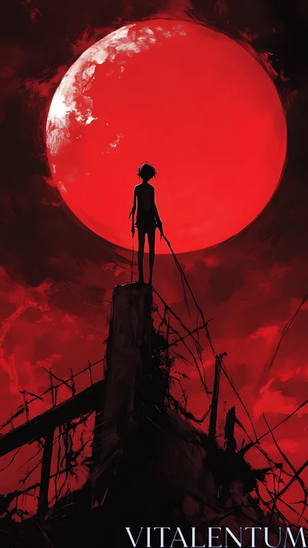 Silhouette on ruined tower under vast red moon.