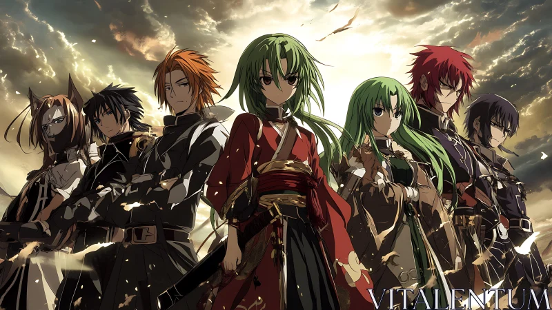 Anime warrior ensemble under dramatic stormlit sky.