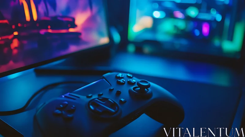 Cyberpunk gaming controller on neon-lit desktop workstation.