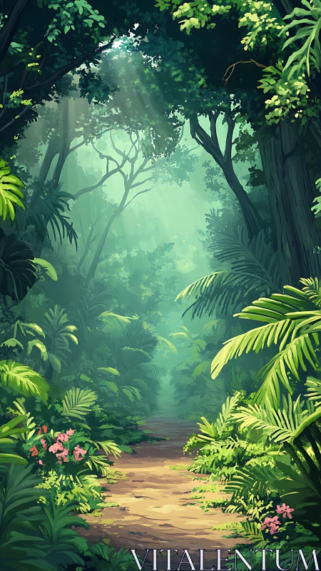 Jungle Pathway Through Dense Tropical Forest Canopy