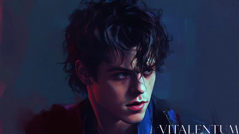 Digital painting portrait with neon chiaroscuro lighting focus.