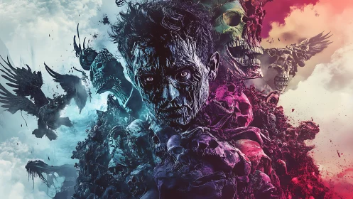 Fragmented male portrait dissolves into skulls and ravens