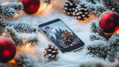 Smartphone on snow displays mirrored winter forest composition