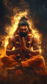 Fire-wreathed yogi sits in lotus pose with intense devotion
