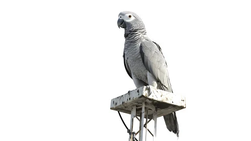 African Grey Parrot on Metal Stand, Minimalist Wildlife Photo.