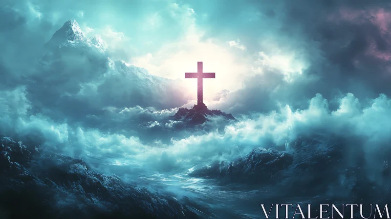 Luminous cross crowns stormy teal mountainscape horizon.