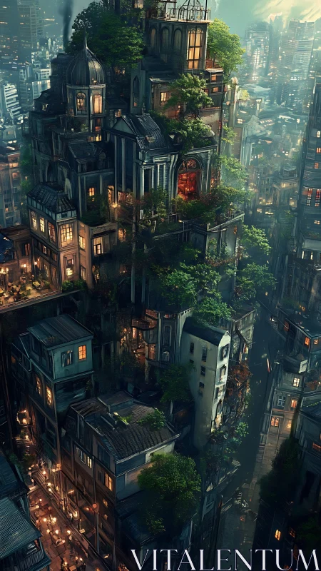 Vertical urban tower wrapped in dense rooftop greenery at night.