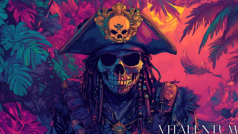 Neon dread pirate skeleton rules a tropic twilight abyss.