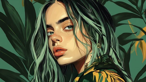 Moody teal-haired portrait set against lush jungle leaves.