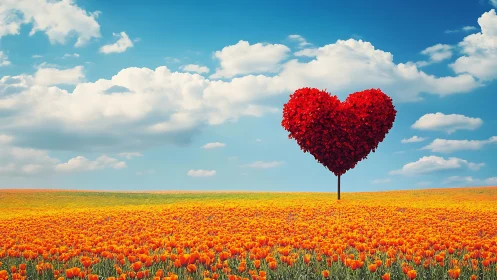 Photorealistic Heart-Shaped Topiary in Monoculture Orange Poppy Field.