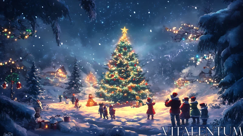 Children gather around large snowy village Christmas tree.