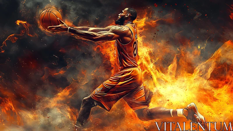 Dynamic flaming slam dunk captures explosive athletic motion