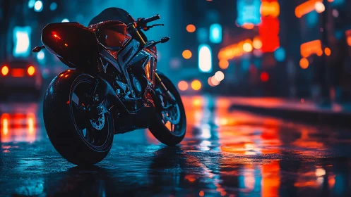Neon‑lit supersport motorcycle on wet urban street at night.