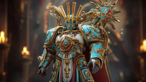 Sunforged paladin strides through the cathedral’s emberlit haze