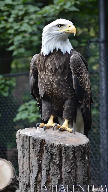 Bald eagle posed on cut tree stump in sharp natural detail