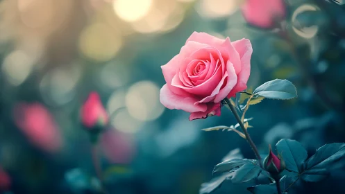 Pink rose in soft focus garden setting with bokeh.