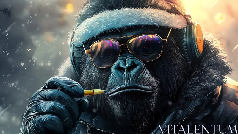 Stylish cyber gorilla with headphones in frost-lit glow.
