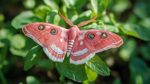 Pink moth with eye spots resting on green foliage.