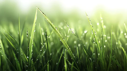 Dawn-lit grass blades trade secrets with lingering dewdrops
