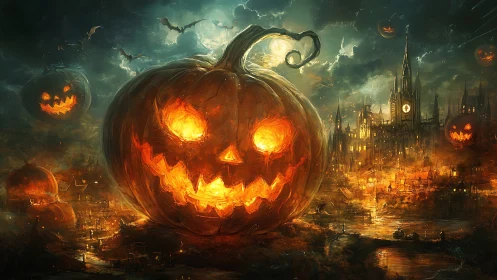 Gleaming jack o’lantern city under a stormy Halloween sky.