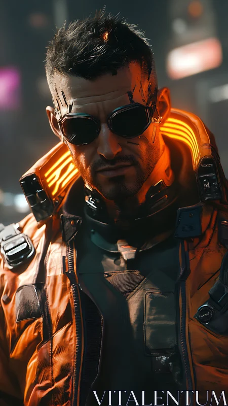 Cyberpunk mercenary in neon jacket under moody city lights