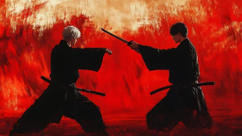 Samurai duel silhouettes slice through a blazing red backdrop