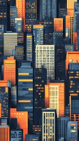 Dense stylized city skyline with illuminated high rise towers.
