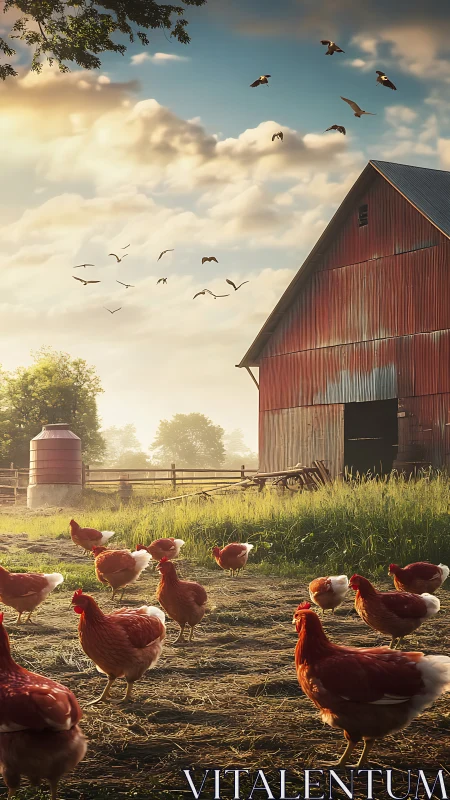 Rural farmstead with free-range poultry and migratory waterfowl.